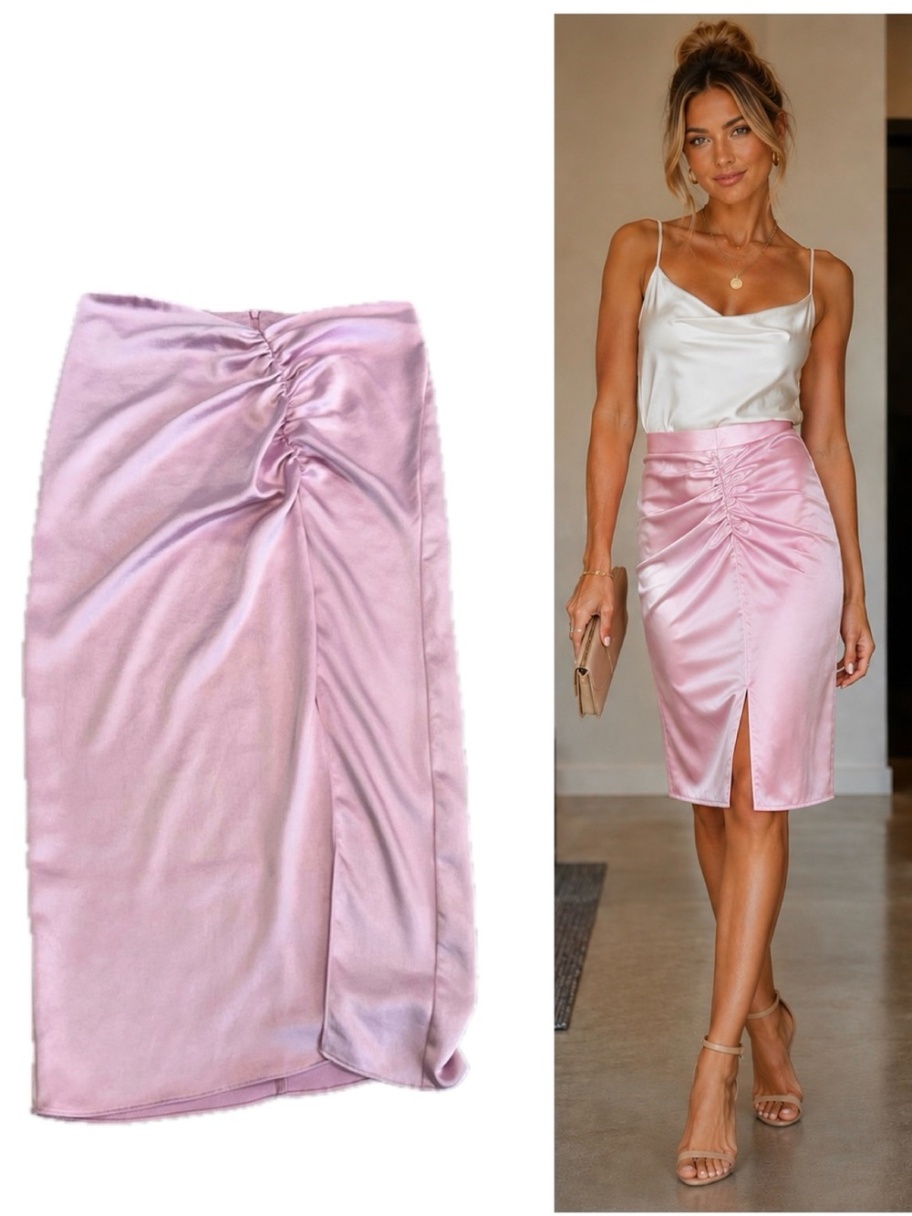 ZARA Light Pink Satin Ruched Midi Skirt Front Slit Elegant Wedding Guest M